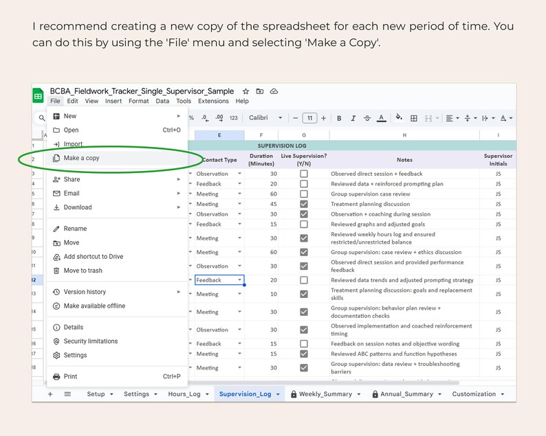 BCBA Fieldwork Tracker Spreadsheet Multi Supervisor Hours Log ...