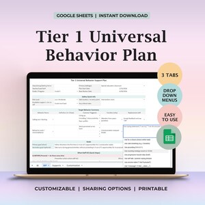 Mall för beteendeinterventionsplan IEP Nivå 1 Kalkylblad Google Sheets PBIS MTSS Klassrumshanteringsrutiner Rullgardinsmenyer Skolövergripande system