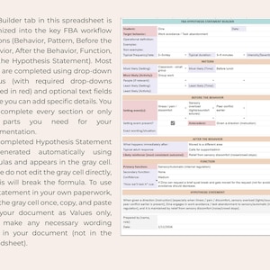 Op de afbeelding: Een spreadsheet met de titel 'FBA Hypothesis Statement Builder' met secties voor Gedrag, Patroon en Functie. Het document gebruikt vervolgkeuzemenu's en tekstvelden. De tekst legt uit hoe je de spreadsheet en de formules kunt gebruiken.
