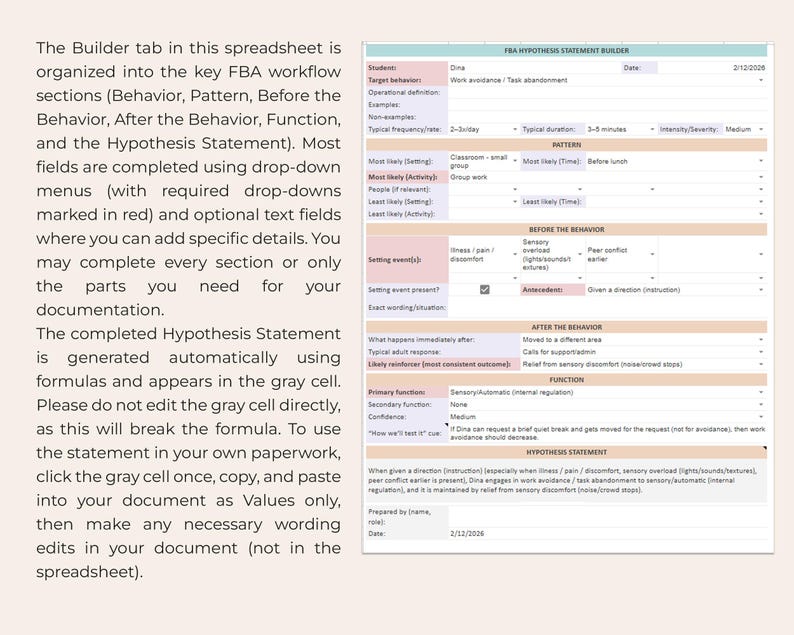 Op de afbeelding: Een spreadsheet met de titel 'FBA Hypothesis Statement Builder' met secties voor Gedrag, Patroon en Functie. Het document gebruikt vervolgkeuzemenu's en tekstvelden. De tekst legt uit hoe je de spreadsheet en de formules kunt gebruiken.