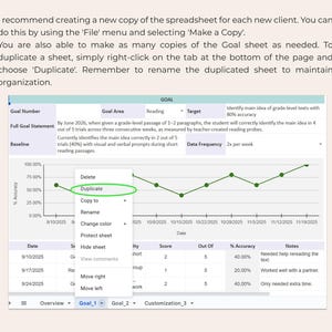 May include: Screenshot of a spreadsheet with a graph showing accuracy over time. A right-click menu shows options including "Duplicate". Text explains how to duplicate a sheet and rename it for organization. The goal is to identify the main idea of grade-level texts.