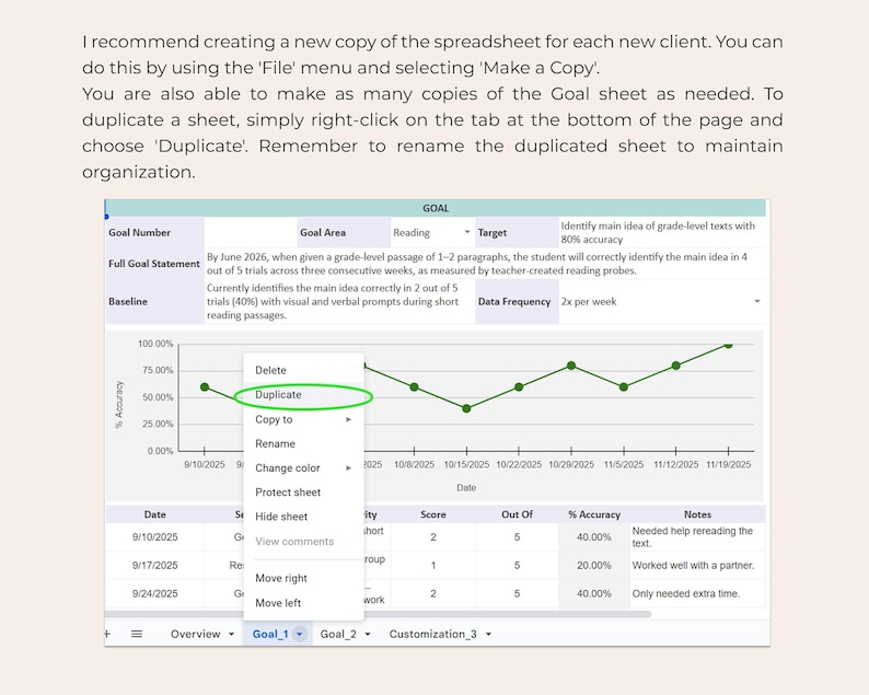 May include: Screenshot of a spreadsheet with a graph showing accuracy over time. A right-click menu shows options including "Duplicate". Text explains how to duplicate a sheet and rename it for organization. The goal is to identify the main idea of grade-level texts.