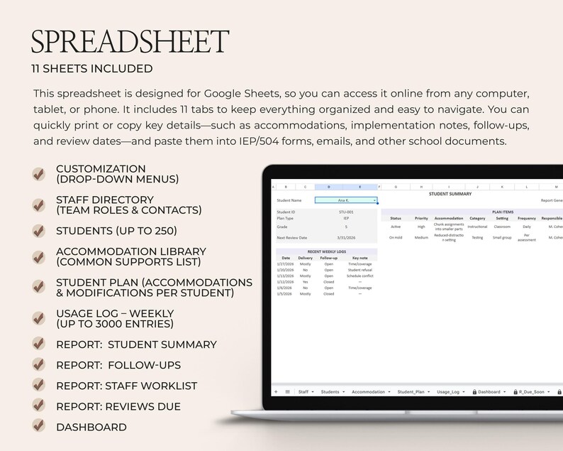 IEP 504 Accommodation Log Spreadsheet Google Sheets Caseload Dashboard ...