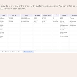 May include: A preview of a spreadsheet with customization options. The spreadsheet includes columns for grade, school year, school, case manager, homeroom teacher, behavior plan, goal area, and data frequency. The text "I provide a preview of the sheet with customization options. You can enter up to 300 values in each column." is at the top.