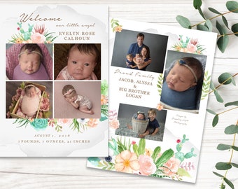 Desert Bloom Birth Announcement Photo Card Template; Photography template