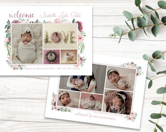 May include: A pink and green floral birth announcement card with a collage of photos of a newborn baby girl. The card includes the baby's name, Isabella Lyla Solis, birth date, time, weight, and length. The text "welcomed by the Solis family" is also included.