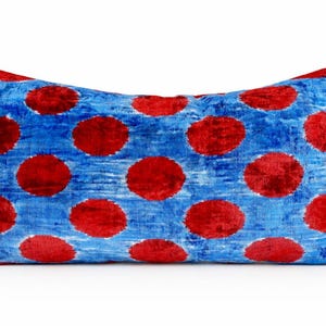 Handwoven Silk Velvet Ikat Pillow Cover –  Blue Red Polka Dot Pattern Cushion Cover