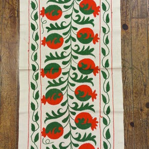 Organic Cotton Suzani Table Runner, Hand Embroidered Uzbek Textile, Boho Farmhouse Decor (20x53 Inches)