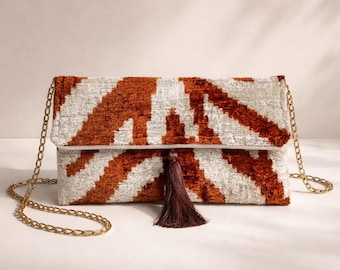Handwoven Silk Velvet Ikat Clutch, Small Shoulder Bag with Chain, Boho Evening Purse