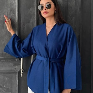 Linen Kimono Jacket, Belted Boho Cardigan, Oversized Wrap Top - 4 colors