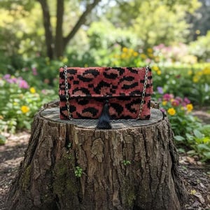 Handmade Silk Velvet Ikat Clutch – Red Leopard Pattern - Boho Chic Handbag - Removable Chain
