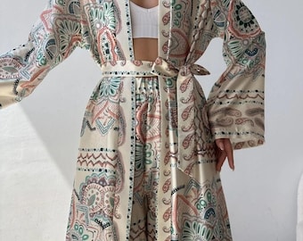 Boho Mandala Satin Kimono och Vida Byxor Set