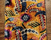 Handwoven Silk Velvet Ikat Fabric, Mustard Pink Floral Oriental Textile, Boho Home Decor