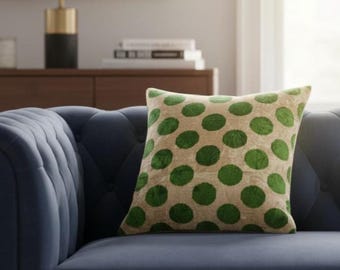 Handwoven Silk Velvet Ikat Pillow Cover -  White With Green Polka Dots Cushion Cover