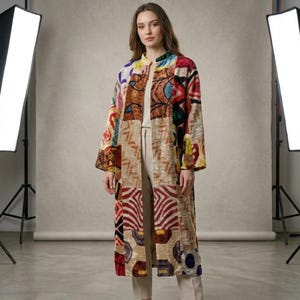Patchwork Ikat Velvet Kaftan – Handwoven Silk Kimono Duster, One of a Kind