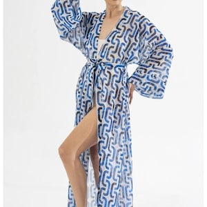 jacquard kimono robejacquard kimono robe blue cotton long, linen blend geometric pattern S-XL