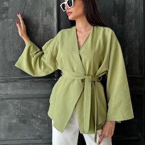 Linen Kimono Jacket, Belted Boho Cardigan, Oversized Wrap Top - 4 colors