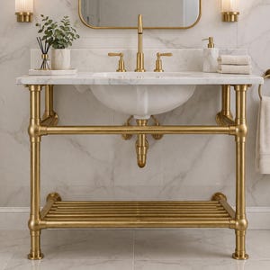 Solid Brass Sink Console, Vintage Washstand Frame with Storage Shelf, Bathroom Vanity Base