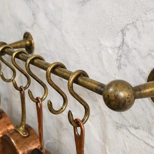 Handmade Brass Pot Rail with S Hooks, Vintage Kitchen Storage