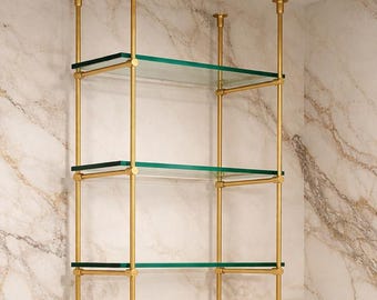 Unlacquered Solid Brass Glass Shelves with Ceiling Supports - Elegant Interior Storage
