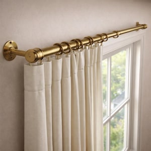 Puede incluir: Una barra de cortina dorada con anillos y soportes a juego, que sostiene cortinas blanquecinas. La barra está montada sobre una ventana, con luz natural filtrándose a través del cristal. Las cortinas están cuidadosamente plisadas.