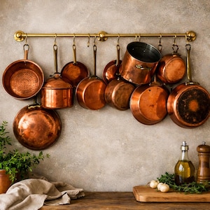 Könnte beinhalten: Eine Sammlung von Kupfer-Kochgeschirr, das an einer Messingstange hängt. Das Sortiment umfasst Töpfe, Pfannen und ein Sieb, alle in einem warmen, rötlich-braunen Farbton. Die Küche zeigt eine Holz-Arbeitsplatte und eine neutral getönte Wand.