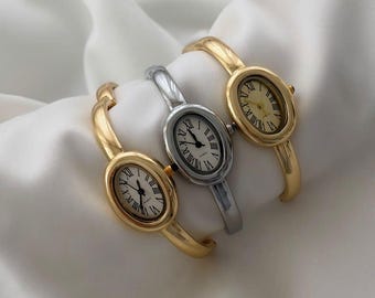 Oval Bangle Watch, Minimalist Roman Numeral Dial, Gold Silver Tone Cuff Watch