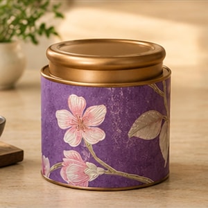 Puede incluir: Un recipiente de almacenamiento cilíndrico de metal con un fondo de color púrpura intenso y acabado texturizado. El exterior está decorado con flores de cerezo de color rosa claro y hojas verde pálido sobre ramas finas. Tiene una tapa dorada.