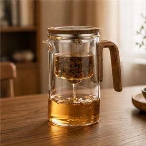 May include: A clear glass teapot featuring a cylindrical body, a wooden handle, and a wooden lid. Inside the teapot, a glass infuser contains dark tea leaves, with a stream of amber-colored tea dripping into the main reservoir below.