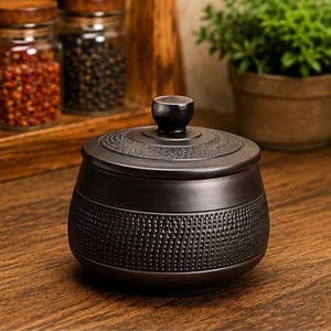 Peut inclure: Un pot en céramique brun foncé avec un couvercle, un corps arrondi et un petit bouton de préhension. L'extérieur présente une bande texturée de points en relief au centre et un motif circulaire sur le couvercle, avec une finition mate.