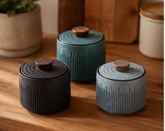 Japanese Ceramic Storage Jars, Stoneware Canister Set, Wooden Lid Tea Coffee Sugar Containers, Minimalist Kitchen Decor