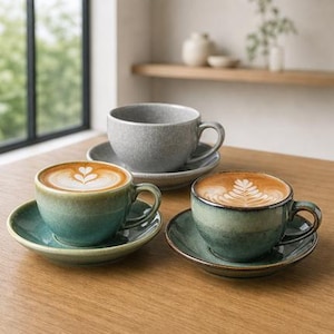 セラミック製コーヒーカップ＆ソーサーセット、350ml手作りストーンウェアマグ、反応釉ラテカップ、日本製コーヒーマグ、紅茶好きへのギフト