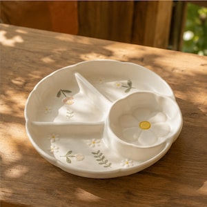 Può includere: Un piatto da portata diviso in ceramica color bianco sporco, di forma rotonda con bordo smerlato e una ciotola in rilievo a forma di fiore su un lato. La superficie è decorata con piccole margherite dipinte, foglie e steli verdi, con un centro giallo.