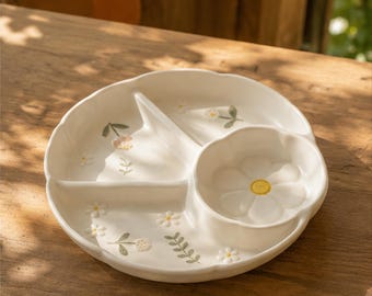 Personalized Daisy Ceramic Divided Plate, Custom Kids Snack Plate, Floral Sectioned Breakfast Dish, Baby Toddler Gift, Name Plate