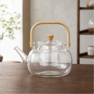 Glass Teapot with Wooden Handle, Borosilicate Tea Pot with Removable Infuser, Heat Resistant Stovetop Tea Maker, Tea Lover Gift