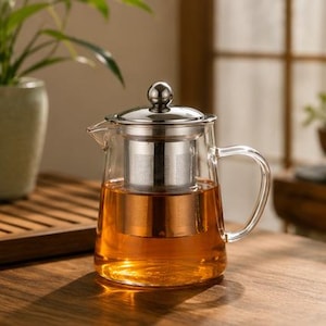 May include: A clear glass teapot featuring a stainless steel lid with a spherical knob and a removable cylindrical mesh infuser basket. The teapot contains amber-coloured liquid and has a curved glass handle and a small pouring spout.