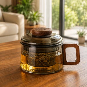 May include: A glass teapot with a dark amber tint, featuring a wooden handle and a matching wooden lid with a textured top. The teapot contains a glass infuser filled with loose tea leaves submerged in a golden-colored liquid tea base.