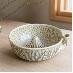 May include: A ceramic citrus juicer featuring a speckled gray and white glaze with a textured, organic pattern. The bowl has a central conical reamer with vertical ridges and a small, integrated pouring spout on the side for liquid extraction.