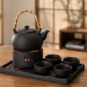 Japanisches Gongfu-Tee-Set, schwarze Keramik-Teekanne mit Stövchen, Teetablett & 4 Tassen, Teezeremonie-Set, Geschenk für Teeliebhaber