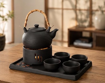 Japanese Gongfu Tea Set, Black Ceramic Teapot with Warmer, Tea Tray & 4 Cups, Tea Ceremony Set, Tea Lover Gift