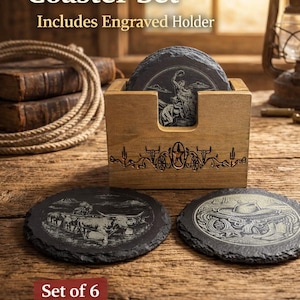 May include: A set of six slate coasters with a wooden holder, featuring Western-themed engravings. The coasters depict cowboy imagery. The text "Western Coaster Set" and "Includes Engraved Holder" are visible on the image.