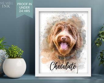 May include: Watercolor painting of a brown dog with a white background. The dog is smiling and has a collar on. The dog's name is "Chocolate" written in black cursive.