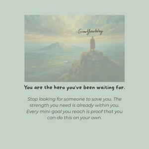 Op de afbeelding: Inspirerend beeld met een landschapsschilderij van een persoon op een berg. De tekst luidt "Grow Your Way" en "You are the hero you've been waiting for." De boodschap is gericht op zelfvertrouwen.