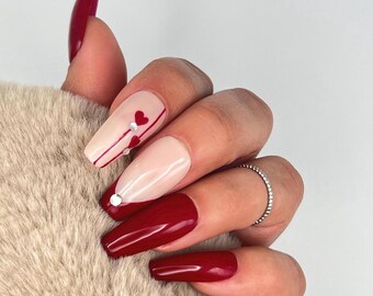 Red Heart Balloon Press-On Nails | Medium | Coffin Nails| Hand Made| Custom Sizing