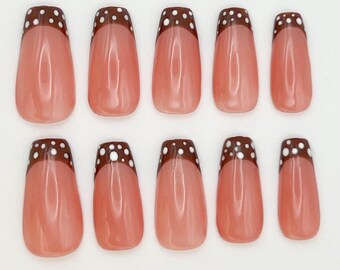 Chocolate Polka Dot French Mani Press-On Nails | Medium| Coffin | Hand Made| Custom Sizing