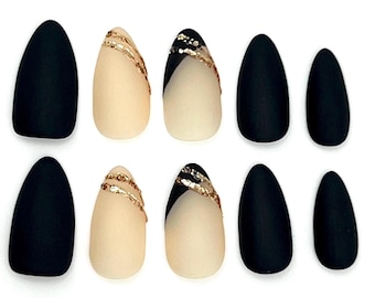 Black and Gold Press On Nails | Medium | Almond | Matte