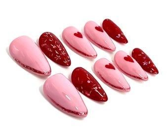 Pink with Red Glitter Press-On Nails | Short | Almond | Glossy