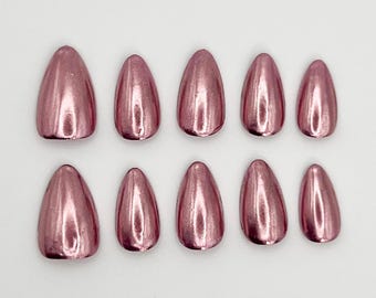 Rose Chrome Press-On Nails | Short | Almond | Hand Made| Custom Sizing