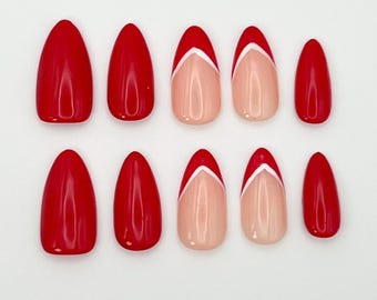 Red Tip Accent Press-On Nails | Short | Almond | Hand Made| Custom Sizing