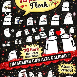 Könnte beinhalten: Schwarzer Hintergrund mit verschiedenen weißen Cartoon-Figuren, jede mit einzigartigen Ausdrücken und Objekten. Spanischer Text lautet "Paquete con 78 personajes Flork" und "78 flork tiernos y divertidos!" mit "¡IMAGENES CON ALTA CALIDAD !"